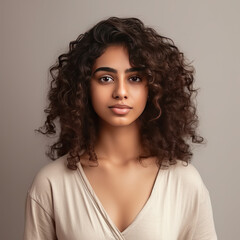 portrait image of Indian fair skin woman with curly hair in an isolated background