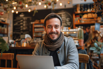 A man is sitting at a table with a laptop in front of him. smiling freelance male man using laptop video calling discuss casual meeting online in cafe coffeeshop man work remotely in cafe restaurant