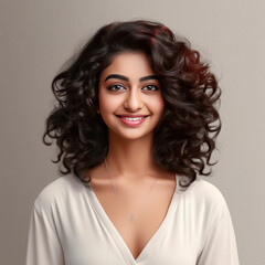 portrait image of Indian fair skin woman with curly hair in an isolated background