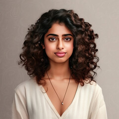 portrait image of Indian fair skin woman with curly hair in an isolated background