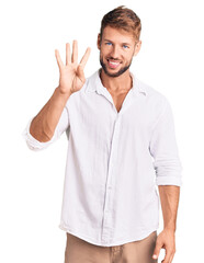 Young caucasian man wearing casual clothes showing and pointing up with fingers number four while smiling confident and happy.