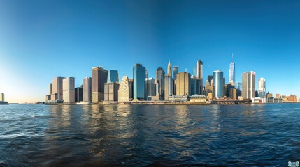 Panoramic view of bustling metropolitan skyline with skyscrapers by water during daytime. Urban development and architecture. - obrazy, fototapety, plakaty