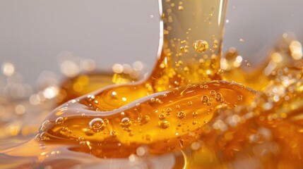 Golden honey pouring with dynamic splash, illustrating fresh organic produce and natural ingredients. Detail of sticky liquid with air bubbles, perfect for culinary backgrounds or 