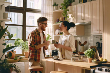 Fototapeta premium A man and woman are standing in a kitchen, smiling at each other