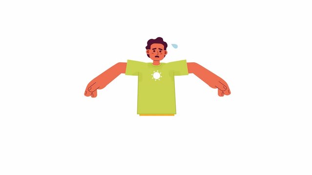 Exhausted man breaking sweat 2D character animation. Summer heat discomfort flat cartoon 4K video, transparent alpha channel. Hispanic male with dripping sweat animated person on white background