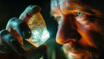 The eye looks at the crystalline diamond ore. A jeweler evaluates the carat value of a gemstone. - obrazy, fototapety, plakaty