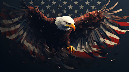 Closeup portrait of an eagle with flag behind bald eagle with a flag on the background  - obrazy, fototapety, plakaty