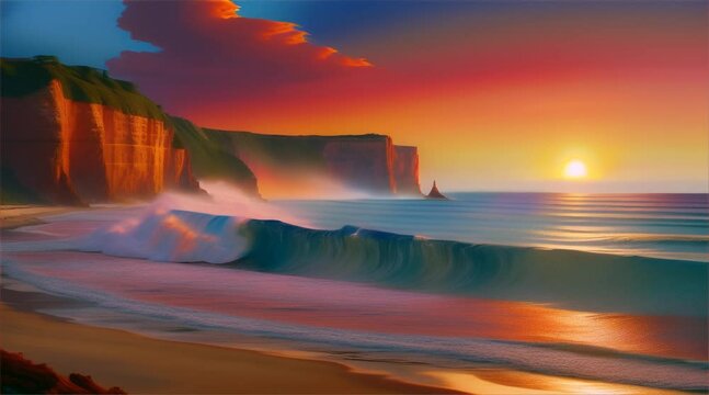 Falls Sunset: Rainbow over the ocean at dusk, painting the sky with red hues, as waves crash against the rocky shore
