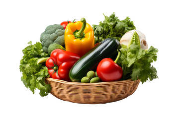 Bountiful Harvest: A Colorful Array of Fresh Vegetables in a Rustic Basket. On a White or Clear Surface PNG Transparent Background.