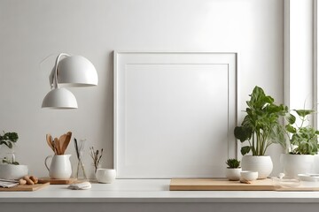 "Minimalist kitchen, blank picture frame, mockup, clean design, modern, elegance, versatility, artwork display, photography, simplicity, exhibitions, collections."