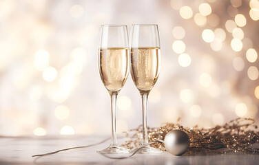 champagne flutes on white holiday table decor with bokeh backgro