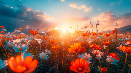 Field Of Flowers In Sunset Wildflowers Meadow Golden Hour Glow Mountain And Cloudy Sky Background
