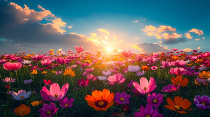 Field Of Flowers In Sunset Wildflowers Meadow Golden Hour Glow Mountain And Stormy Cloudy Sky Background