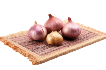 A Huddle of Onions Resting on a Rustic Cloth. On a White or Clear Surface PNG Transparent Background.