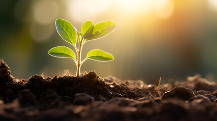 young plant growing on nature view with sunlight with blurry backgroundyoung plant growing on nature view with sunlight with blurry backgroundyoung plant growing on nature view with sunlight with blur - obrazy, fototapety, plakaty