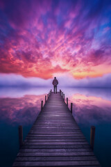 Obraz premium A person stands on a dock amidst serene waters under a vibrant, colorful sky at dusk, creating a tranquil and reflective atmosphere