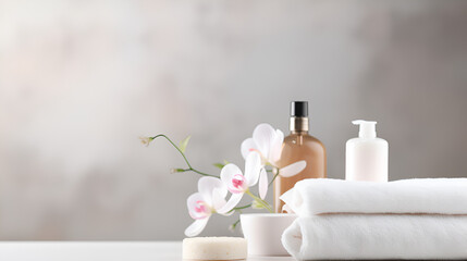 Roll up of white towels with shampoo bottles and liquid soap bottles on table Bathing products in bathroom and spa shampoo with shower gel for cosmetic