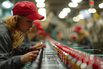 Woman at a factory for the production of threads and fabric near the line on the assembly line - Powered by Adobe