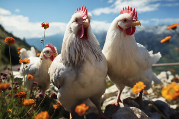 Fototapeta premium Portrait of chickens on a green grass meadow in mountains, bright sunny day, on a ranch in the village, rural surroundings on the background of spring nature