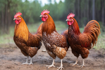 Fototapeta premium Portrait of a roosters in forest, on a ranch in the village, rural surroundings against the background of spring nature