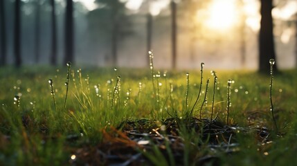 a beautiful spring landscape with dew on the grass in a forest glade after rain, sunlight and beautiful nature - obrazy, fototapety, plakaty