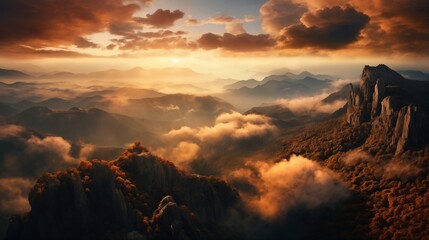 a beautiful landscape with mountains at sunset, sunlight in a dramatic sky with clouds, beautiful...