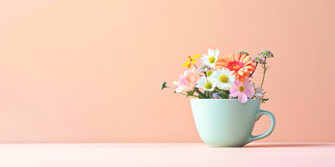 Obraz na płótnie Canvas Pastel Coffee Cup with Fresh Spring Flowers