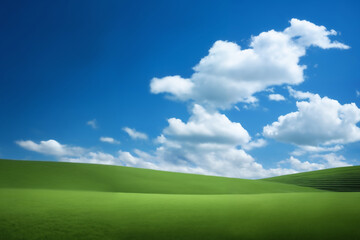 Fototapeta premium A beautiful summer landscape as a background, with green grass on the hills and green fields. The blue sky is filled with white clouds and bright sunlight, beautiful nature