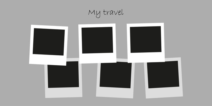 Photo camera frames photo mockup scrapbook on a gray wall. My travel photo. Black photo frame template. Vector illustration.