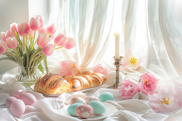 dreamy pastel aesthetic easter breakfast scene with pink tulips, a white linen tablecloth, easter painted pastel eggs, and golden brioche with a candle