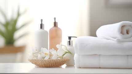 Obraz na płótnie Canvas Roll up of white towels with shampoo bottles and liquid soap bottles on table Bathing products in bathroom and spa shampoo with shower gel for cosmetic