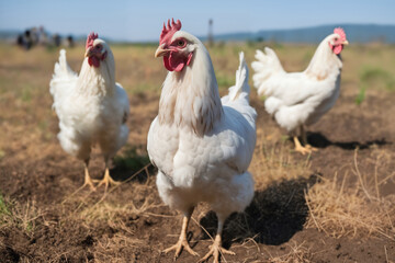 Fototapeta premium Portrait of chickens on a green grass meadow, bright sunny day, on a ranch in the village, rural surroundings on the background of spring nature