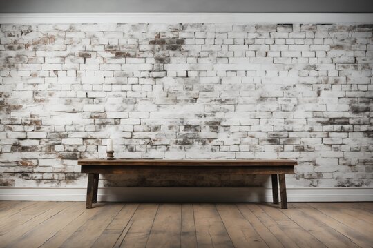 Fototapeta an old white brick wall and a bench in the home interior as a background or texture