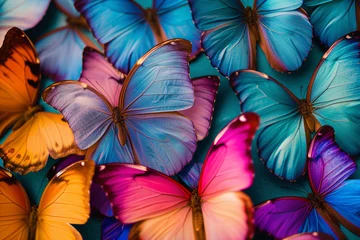 Poster Colors of rainbow. Pattern of multicolored butterflies morpho, texture background. butterflies collection colorful. Tropical Butterfly Pattern and Design. colors on a natural background © Nataliia_Trushchenko