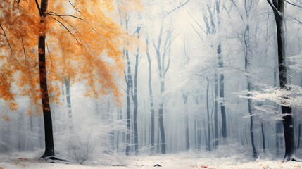 Fototapeta na wymiar beautiful winter landscape, one tree with yellow leaves on a glade in snow covered forest, morning haze, beautiful nature