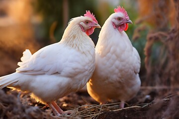 Fototapeta premium Portrait of chickens on a green grass meadow, bright sunny day, on a ranch in the village, rural surroundings on the background of spring nature