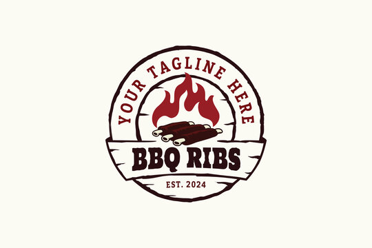 BBQ ribs logo with a combination of ribs, grill, flame and beautiful lettering in a vintage and rustic style. This is suitable for fast food, restaurants, cafes, food trucks, etc.