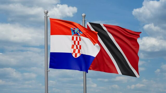 Trinidad and Tobago and Croatia two flags waving together, looped video, two country cooperation concept