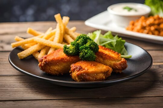 Fresh piece of crispy fried chicken with salads & sauces on the plate restaurant decoration.