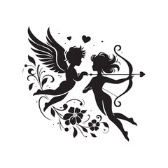 Silhouette of Cupid Couple: Romantic Lovebirds Embracing in Affectionate Embrace, cupid couple vector stock.