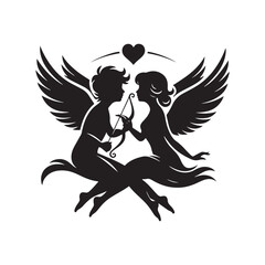 Silhouette of Cupid Couple: Romantic Lovebirds Embracing in Affectionate Embrace, cupid couple vector stock.
