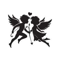 Silhouette of Cupid Couple: Romantic Lovebirds Embracing in Affectionate Embrace, cupid couple vector stock.