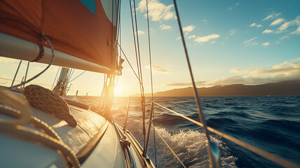 sailing yacht in motion close-up, at sunset walking on the waves, travel and freedom, background copy space
