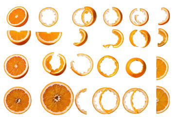A set of slised orange isolated on transparent background. Top view.