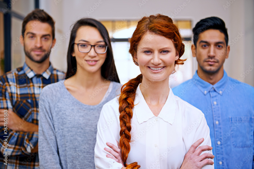 Poster Portrait, leadership and woman with business people at creative startup with confidence, manager or diversity. Community, professional men and women together in design office for team, pride or smile