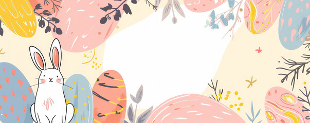 Happy Easter background with cute hand drawn eggs, bunny and abstract shapes on a pastel background