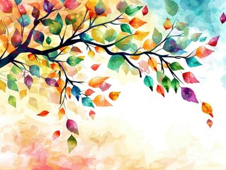 Colorful abstract tree branch with leaves - An artistic interpretation of a tree branch with multicolored leaves against a soft, textured background