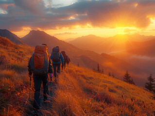 Fototapeta premium Trekking Adventure at Sunset in Mountains . Group of hikers on a mountain trail at sunrise, using eco-friendly gear, surrounded by panoramic views of untouched wilderness. 