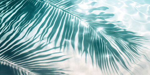 Top view of tropical leaf shadow on on white sand beach and water surface.  Abstract concept banner for summer at the beach.
