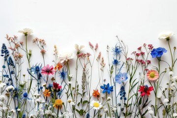 Fototapeta na wymiar Colorful pressed wildflowers on white background - A vivid display of pressed wildflowers spread on a white background, capturing the essence of spring's vitality